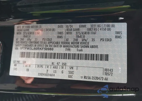 2024 Ford F-150 Xlt from USA, damaged, VIN 1FTFW3L86RKF50980